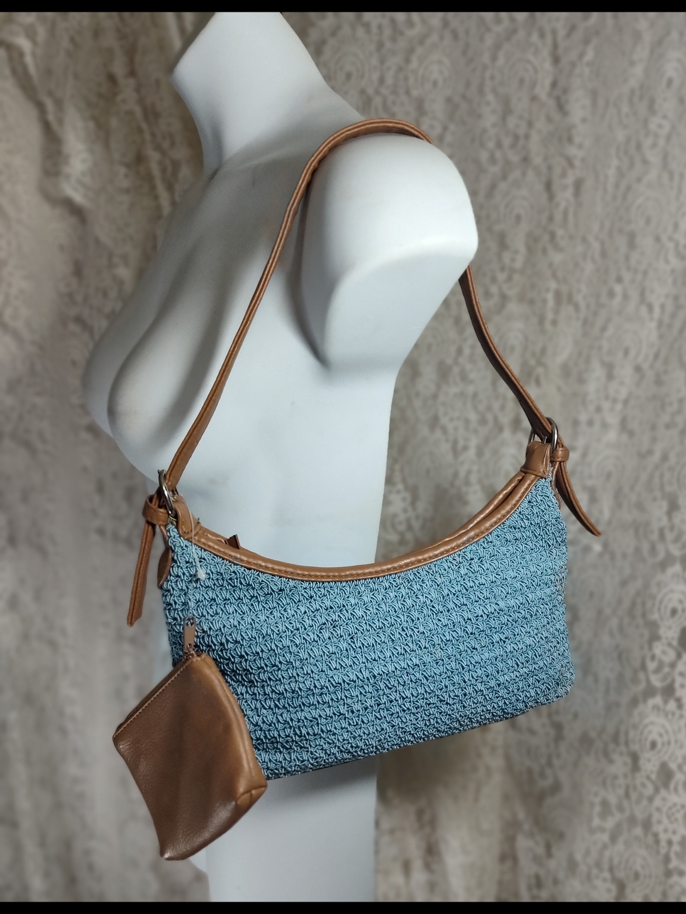 Kim Rogers Blue Woven Shoulder Bag with Tan Trim